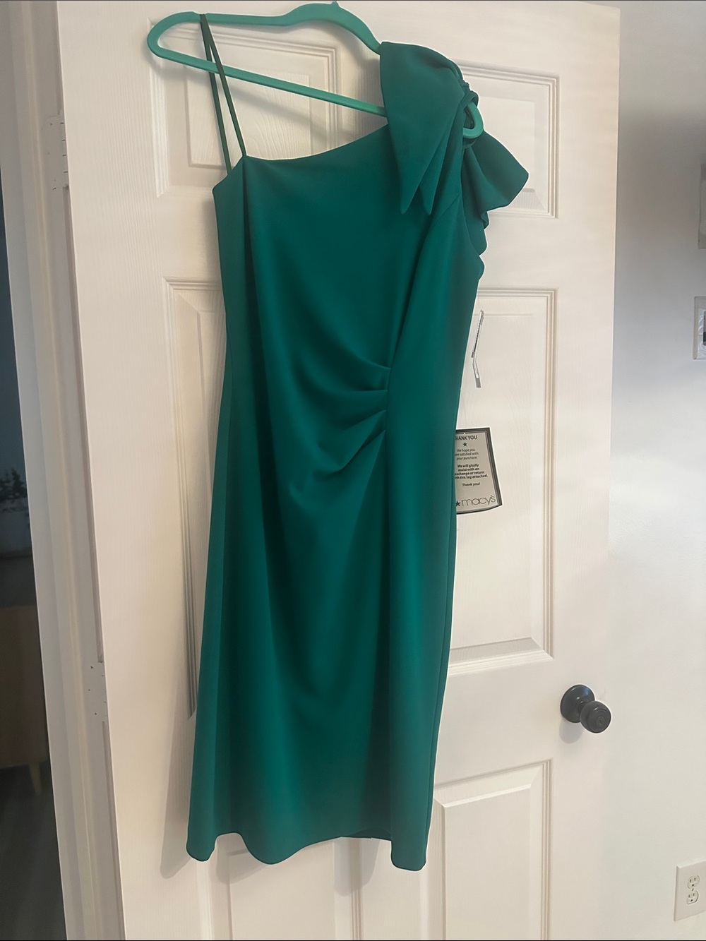 Betsy & Adam Emerald Green One-Shoulder Dress with Shoulder Bow